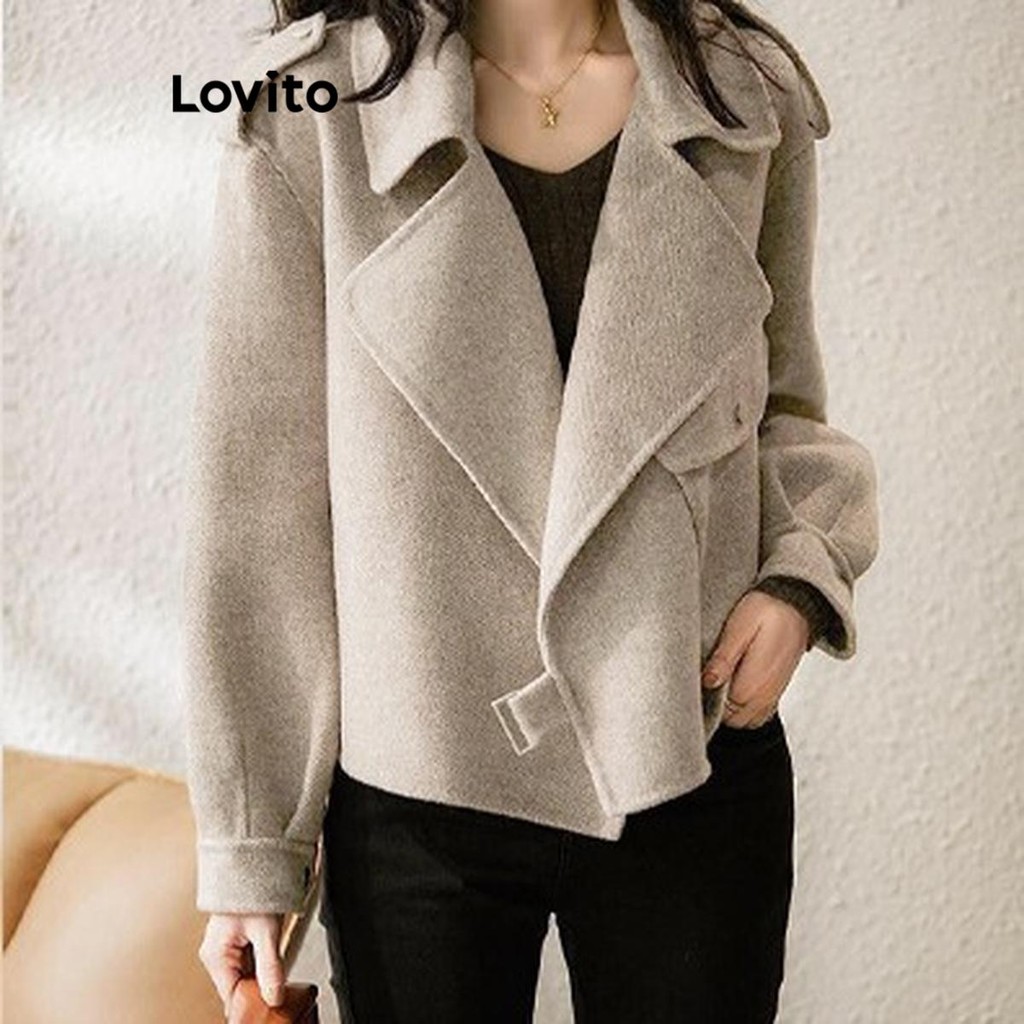 Lovito เสื้อโค้ทผู้หญิง มีกระเป๋า สีพื้น สไตล์ลำลอง LNL64290