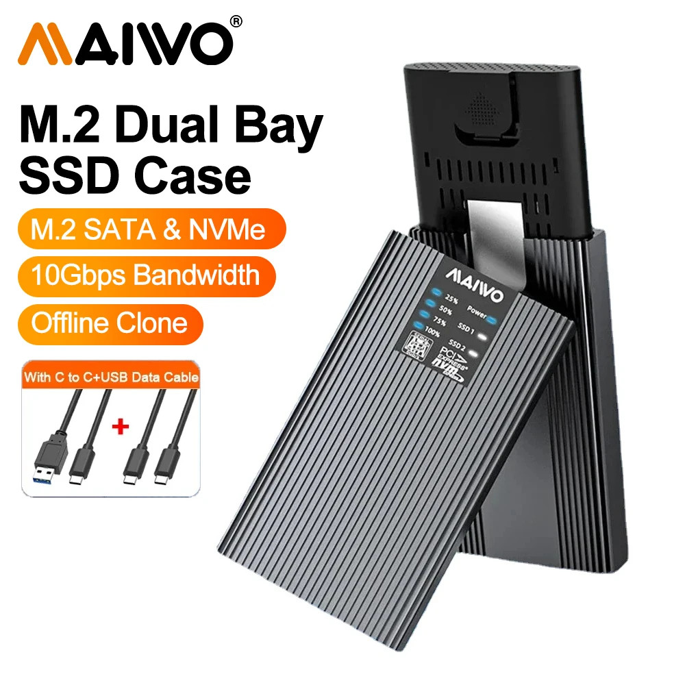 Maiwo NVMe SATA Duplicator Enclosure M.2 SSD ถึง USB 10Gbps Dual Bay Cloner Enclosure รองรับ Offline