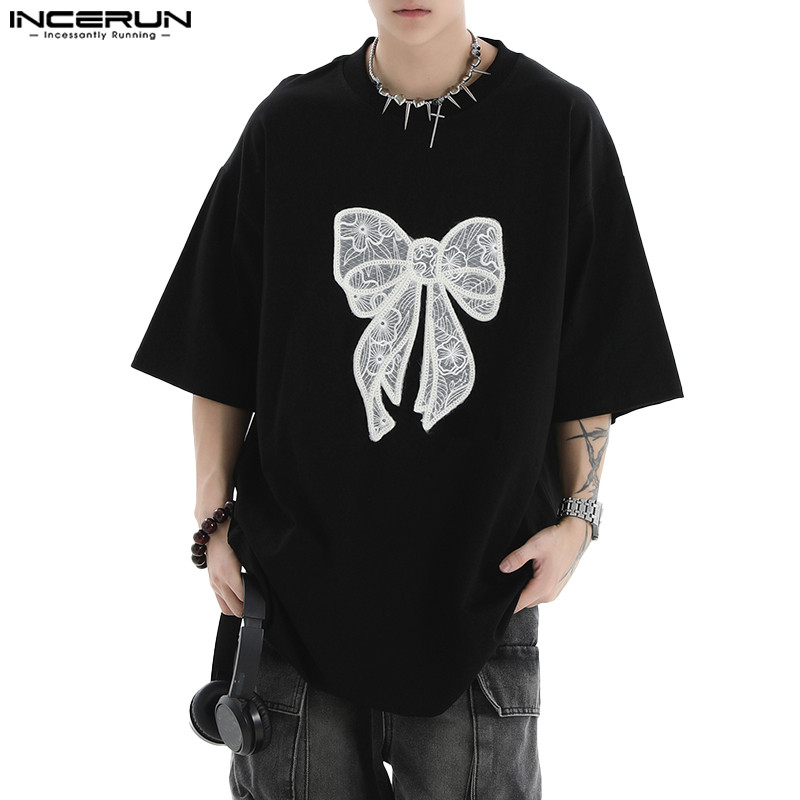ไม่แน่นอน ผู้ชายแฟชั่นเกาหลีรอบคอผูกแขนสั้นเสื้อยืดหลวม