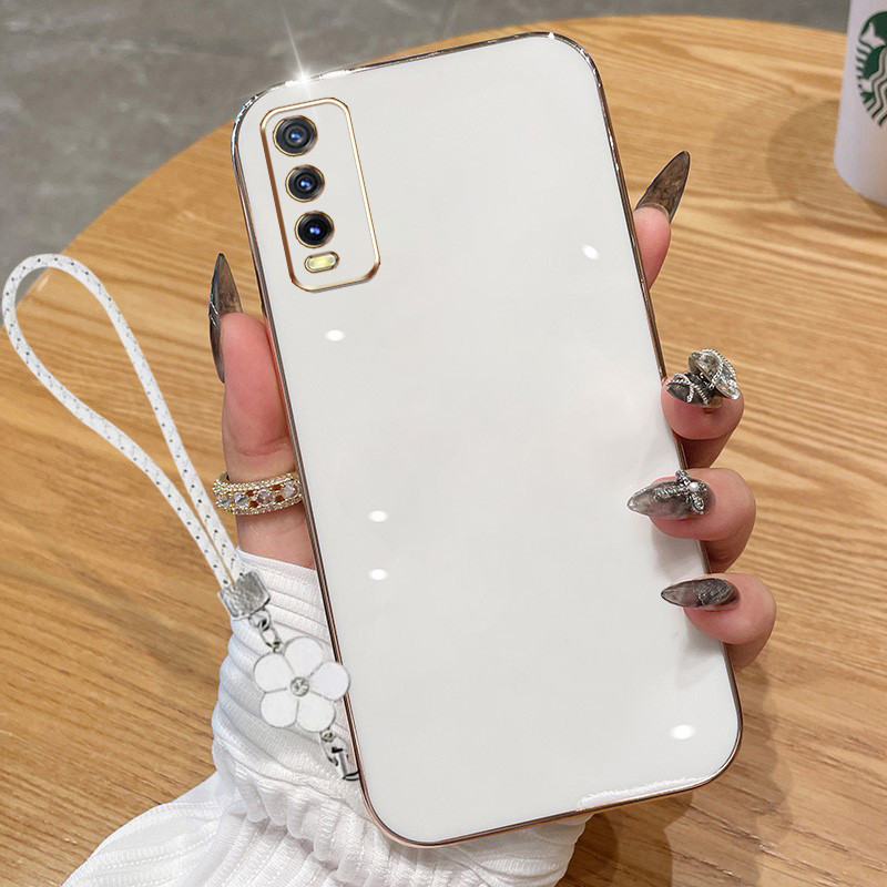 ปลอกสําหรับvivo Y20 2021 Y20A Y20T Y20i Y20S G Y12A Y12S 2021 Y3S 2021 หรูหราElectroplatedตรงขอบซิลิโคนนุ่มโทรศัพท์ป้องกันกรณีดอกไม้เชือกแขวน