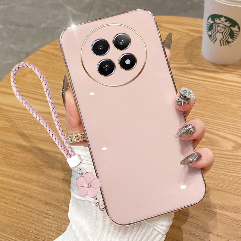 ปลอกสําหรับoppo Realme 12 Pro Plus 5G Realme 12 + 5G Realme 12X Realme C65 5G Narzo 70X 5GหรูหราElectroplatedตรงขอบซิลิโคนโทรศัพท์ป้องกันกรณีดอกไม้เชือกแขวน
