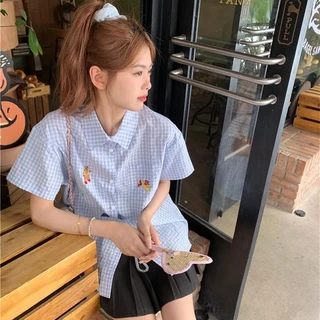🌻Grace🌻 เสื้อแขนสั้นลายหมีน่ารัก เสื้อลายสก๊อตสีฟ้า ผ้าคอตตอนสวมใส่สบาย เสื้อผ้าสไตล์เกาหลี W439