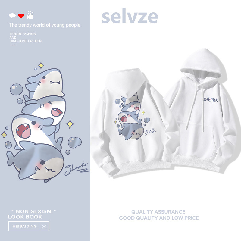 SELVZE（จัดส่งตลอด 24 ชั่วโมง） Printed Hoodie，ฉลามพิมพ์บางเสื้อฮู้ดแขนยาวสำหรับการ์ตูน T2017