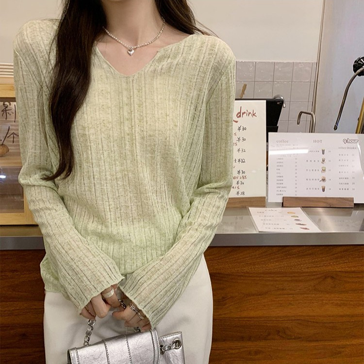 77814 เสื้อยืดแขนยาวผ้าลินินคอวีหลวมโปร่งใสเล็กน้อยหลากสี