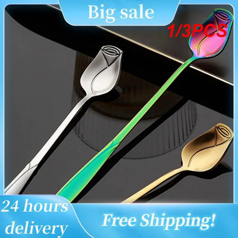 1/3PCS Coffee Spoons Stainless Steel Teaspoons Rose Flower Shaped Coffee Scoops Long Handle Gold Tea