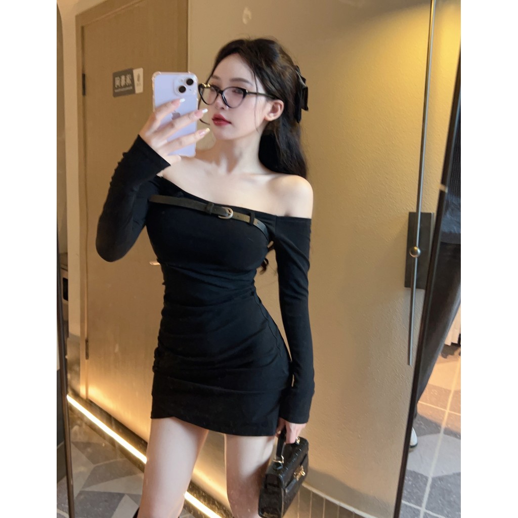 ชุดเดรสแขนยาวคอสายเดี่ยวโชว์ไหปลาร้าเซ็กซี่สำหรับผู้หญิงกระโปรงสะโพกเก็บเอวสำหรับสาวฮอตในฤดูใบไม้ร่ว