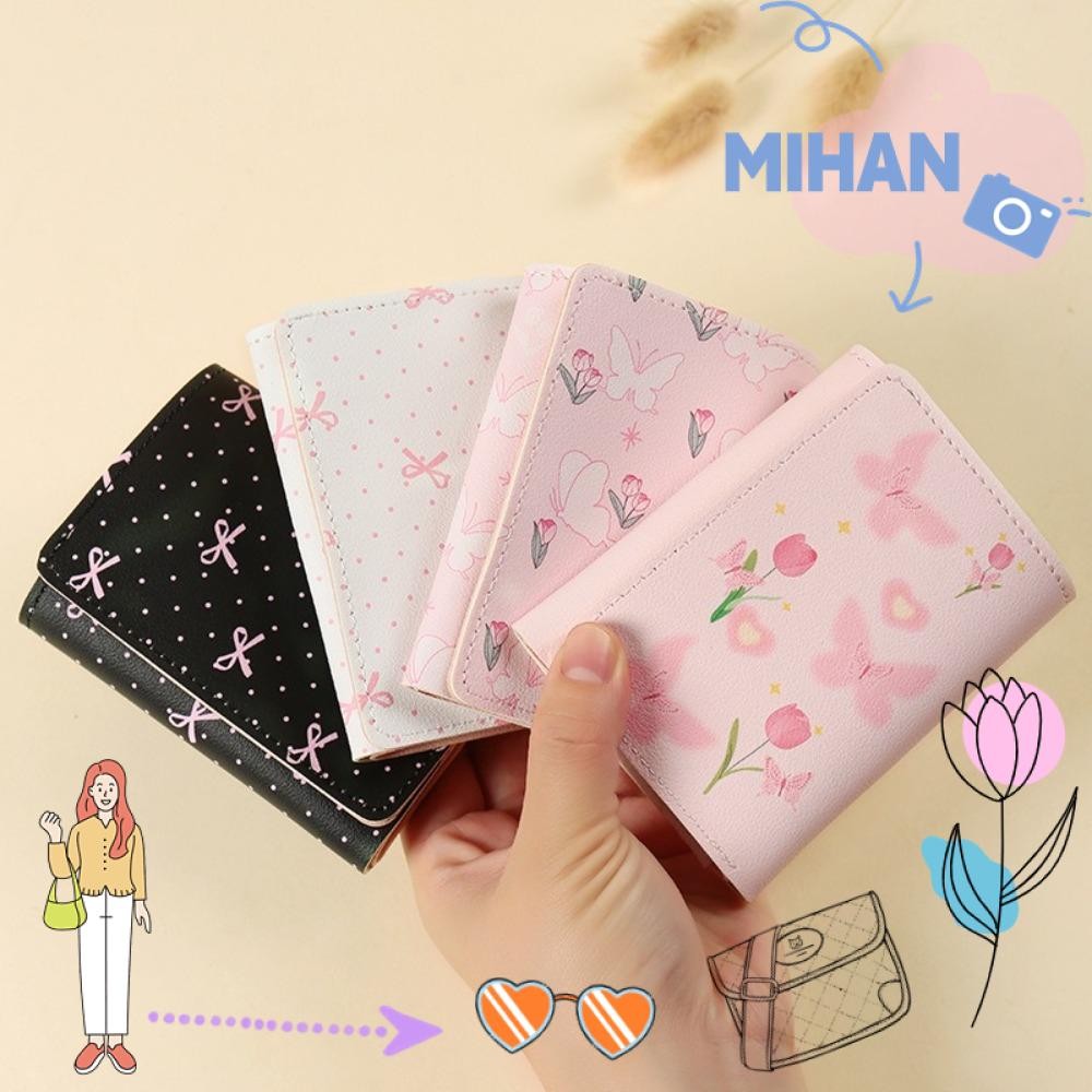 Mh กระเป๋าสตางค์ผู้หญิง, กระเป๋าใส่เหรียญสีชมพูหนัง PU, โบว์ดอกไม้หวาน Multi Card Photocard กระเป๋ากลางแจ้ง