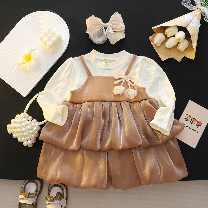 ฤดูใบไม้ร่วงใหม่เด็กสาวแขนยาวชุดปลอมสองชิ้นสีน้ําตาลชีฟองตูชุด