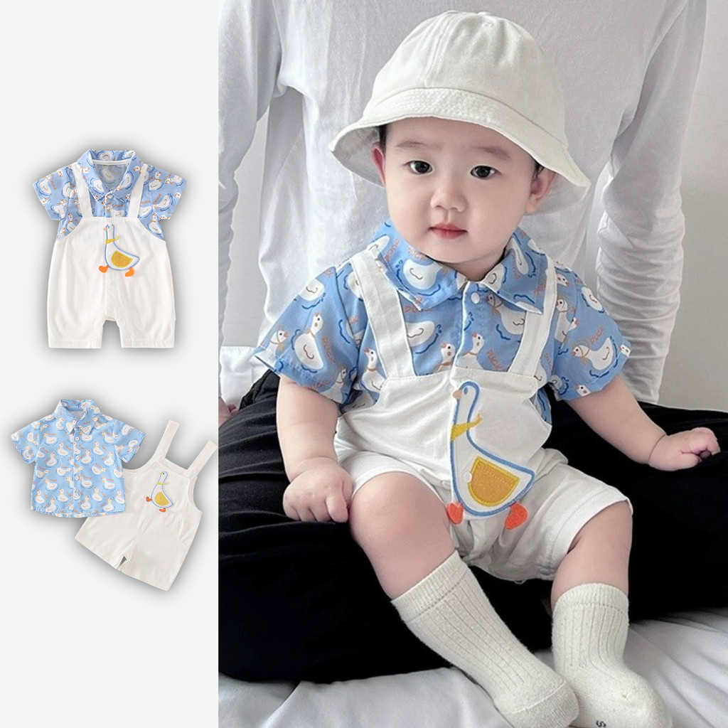 ฤดูร้อนใหม่จุดเสื้อผ้าเด็กชายหญิงบางบอดี้สูทแขนสั้น 0-24 เดือนทารกแรกเกิดโปโลการ์ตูนเป็ด สุด ๆ หล่อ ชุดรอมเปอร์