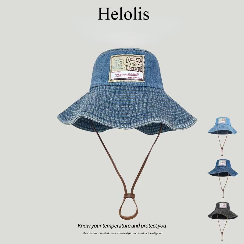 Helolis Patch Retro Washed หมวกคาวบอย High-End Big Brim Bucket Hat หมวกกลางแจ้ง