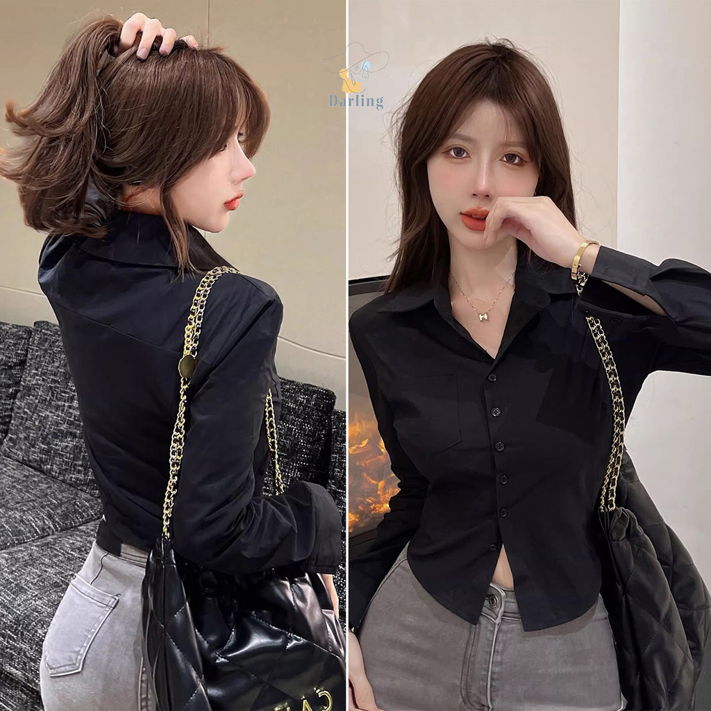เสื้อเชิ้ตผู้หญิงแขนยาว JK ใหม่ล่าสุด สีดำ ดีไซน์เรียบหรู