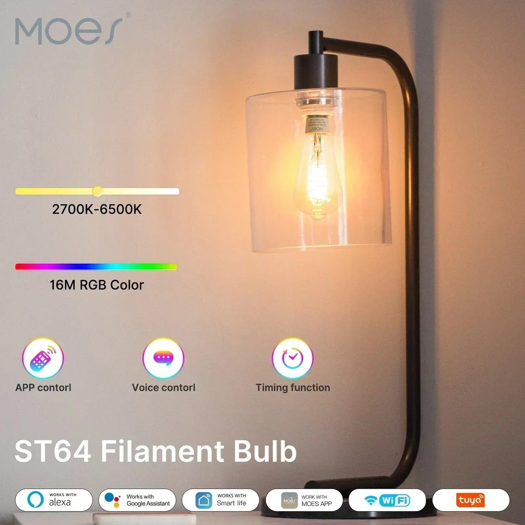 Moes Tuya WiFi สมาร์ท ST64 หลอดไฟ LED Edison 16 ล้าน RGB เปลี่ยนสี 2700K-6500K หรี่แสงได้ทํางานร่วมกับ Alexa/Google Home