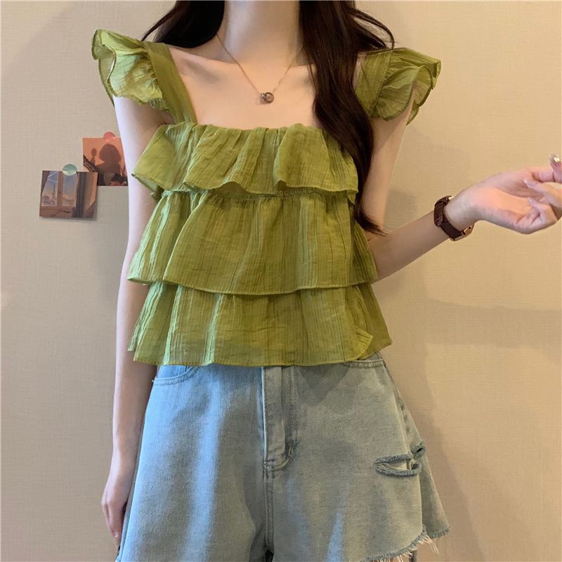 ฤดูร้อนผู้หญิง 2024 สไตล์ใหม่ภาษาฝรั่งเศสคําที่ไม่ซ้ํากันขนาดเล็ก Flying Sleeve Simple All-Match สลิงชีฟอง All-Match Ruffled สั้นเสื้อผ้าผู้หญิง