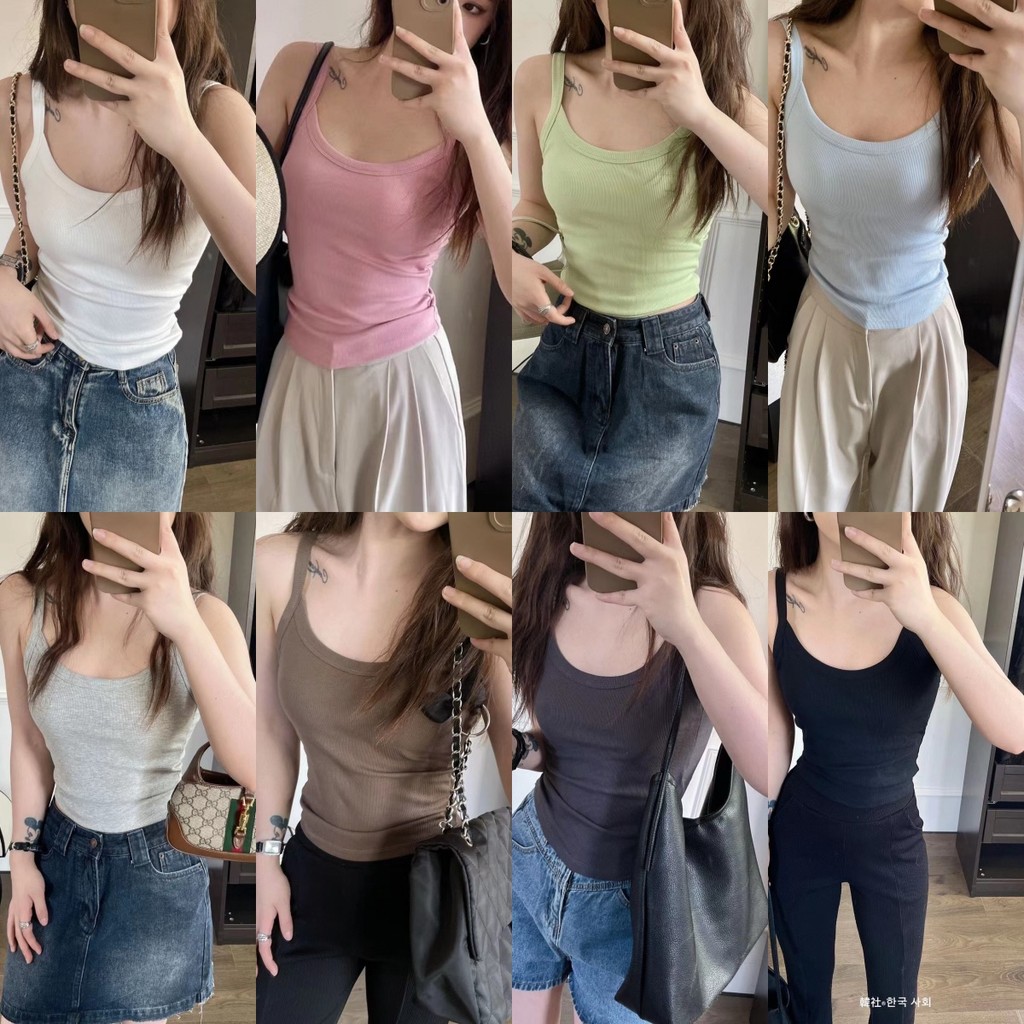 Anne เสื้อสายเดี่ยว สีพื้น มีฟองน้ำ เสื้อกล้าม หลากสี สไตล์ลำลอง เกาหลี ใส่สบาย เรียบง่าย #FY1019