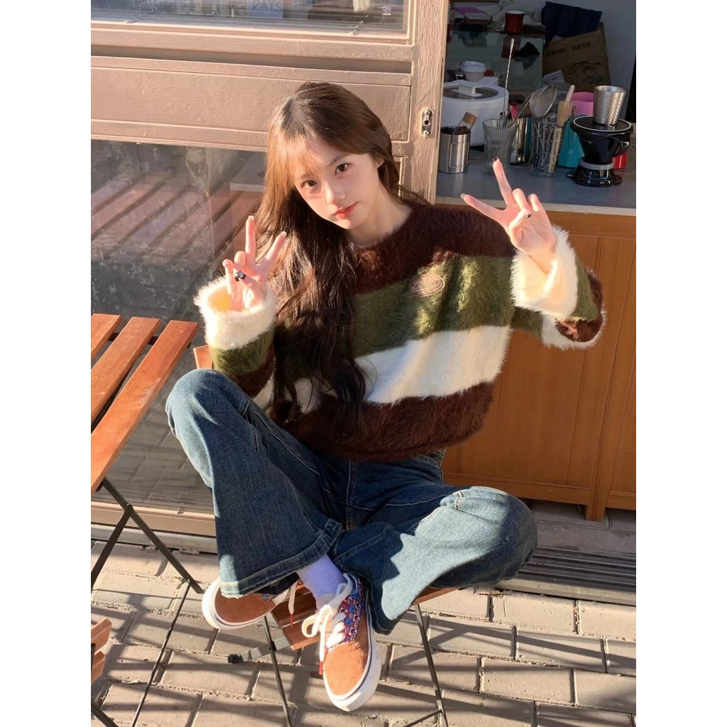 ❤️【สินค้าพร้อม】❤️ อเมริกันมิงค์ผมสีคมชัดลายเสื้อกันหนาวผู้หญิงหลวมรอบคอเสื้อสวมหัวเสื้อแขนยาว - รูปที่ 6