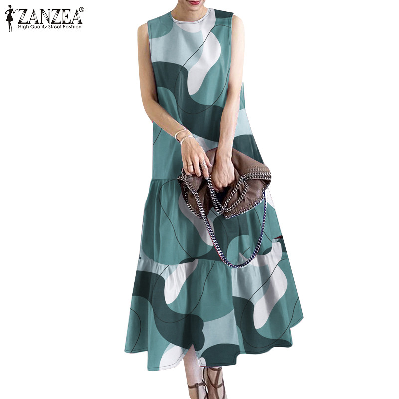ZANZEA ใส่ ซานเซีย ผู้หญิงแฟชั่นปุ่มไม่มีกระเป๋าแขนกุดกลางความยาวชุด