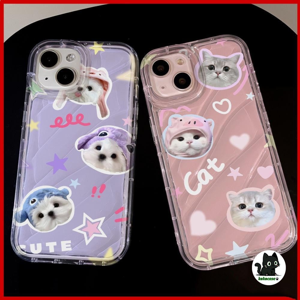 เหมาะสำหรับเคส iPhone 11 14 7 8 12 13 15 Pro Max 7 8 14 15 PLUS X Xs Xr Xsmax ลูกแมวน่ารักลูกสุนัขคลื่นลายเคสโทรศัพท์