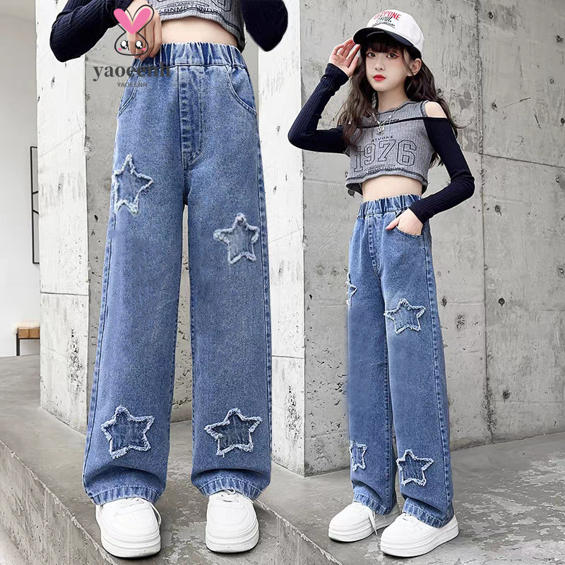 【YAOEENH】100-160เซนติเมตรฤดูใบไม้ผลิฤดูใบไม้ร่วงสไตล์สาวปักฉีกกางเกงขากว้างกลางเด็กใหญ่ตรงหลวมกางเกงยีนส์สบายๆพร้อมสต็อกอย่างรวดเร็ว