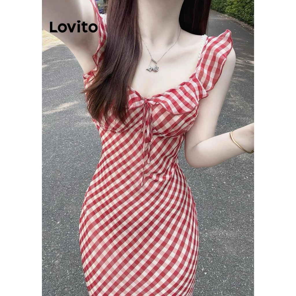 Lovito เดรสผู้หญิง มีลาย สีพื้น LNA70037