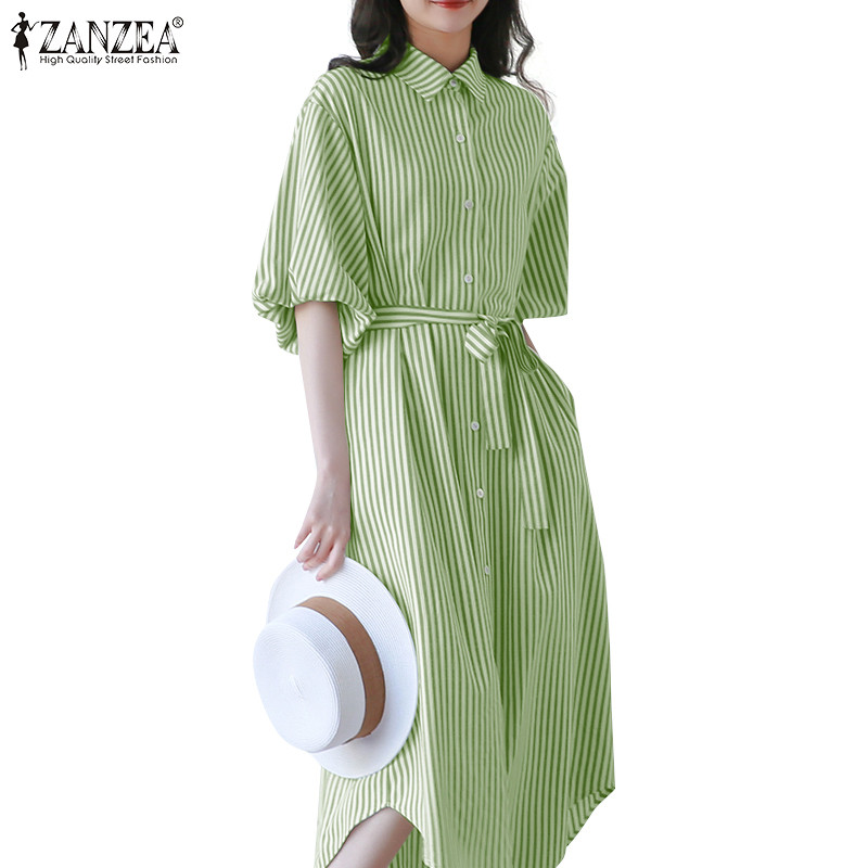 ZANZEA ใส่ ซานเซีย ผู้หญิงเกาหลีลําลองเปิดลงปกแขนสั้นลายชุด