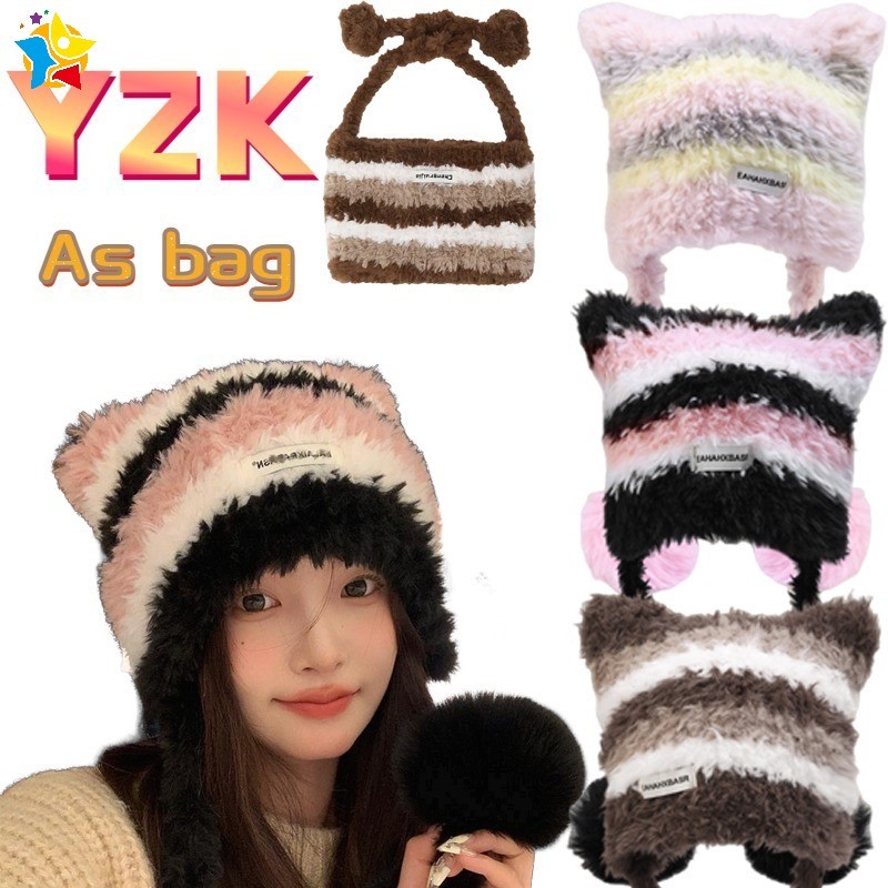 ญี่ปุ่น Y2K หวาน Cool ขนสัตว์ Plush ถักหมวกฤดูใบไม้ร่วงฤดูหนาว Little Devil Cat หูลาย Beanies หมวก pom-pom หญิงสาวอบอุ่นหูป้องกัน Bonnet