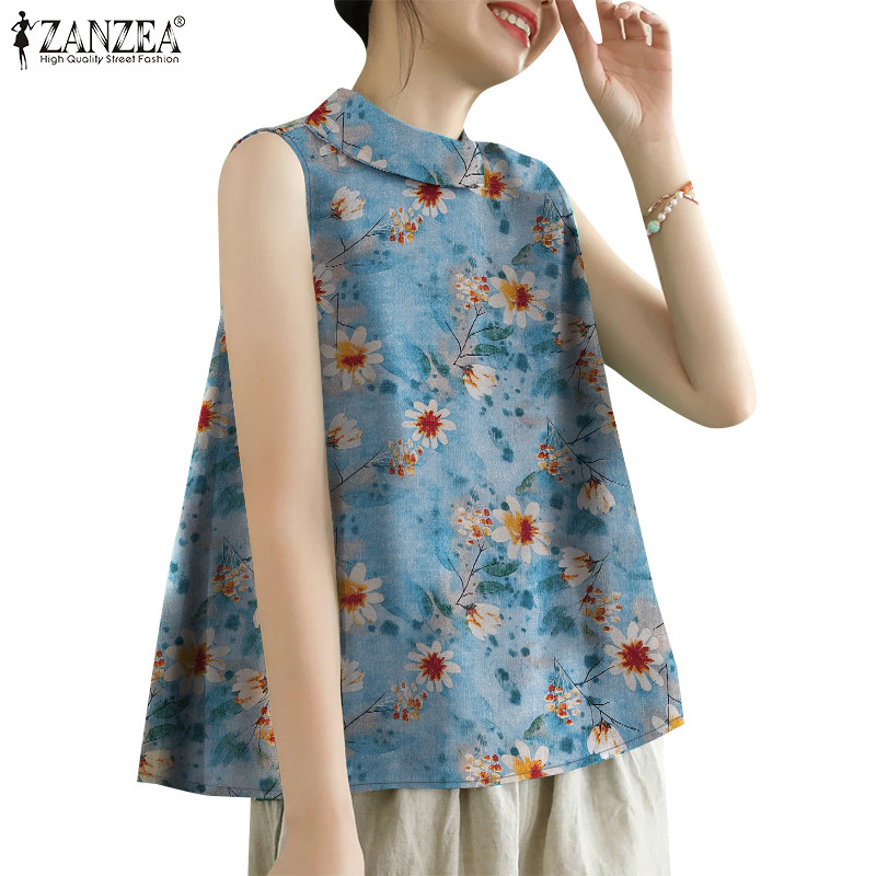 Zanzea ผู้หญิงเกาหลีลําลองปกพิมพ์ลายดอกไม้ปุ่มชายเสื้อถัง