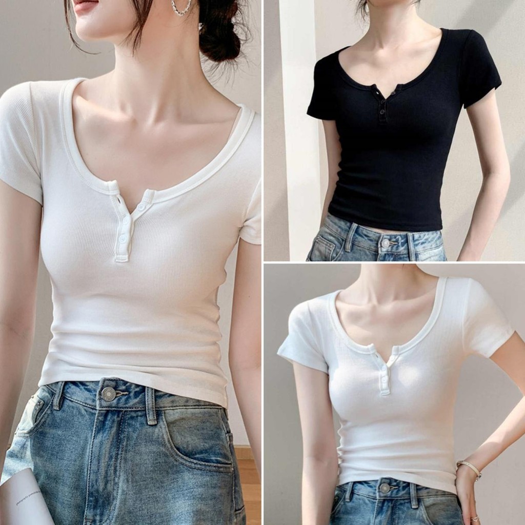 cherryshop🍒พร้อมส่ง เสื้อยืดผู้หญิง เสื้อซินเทจ คอกลมแขนสั้น ดีไซน์กระดุม สีพื้น สไตล์เกาหลี