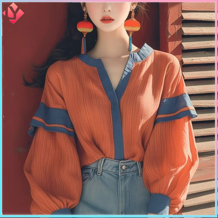 ซอก ออกแบบเฉพาะเก๋เกาหลีวิทยาลัยสไตล์สตรีสลิมมิ่งสีส้มเย็บปะติดปะต่อกันโคมไฟแขนเสื้อ