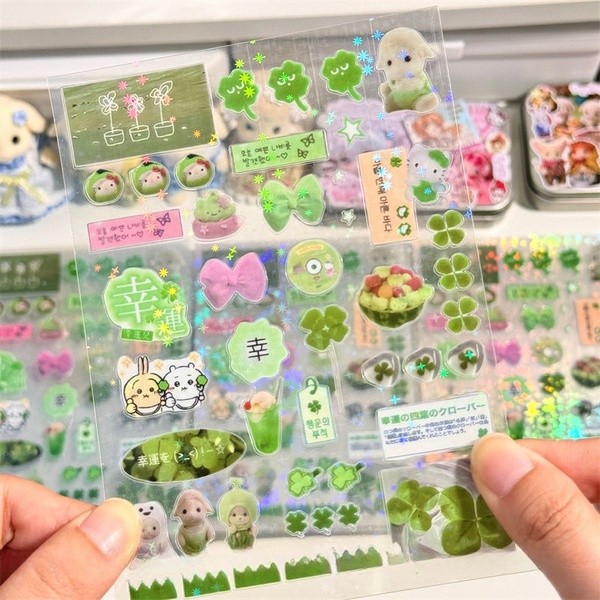 Steve 4 ชิ้นชุดสีเขียว four-leaf Clover โปร่งใส Star Glitter ฟิล์มตัดสติกเกอร์ Jouranl Deco สติกเกอร์ ราคา ถูกที่สุด ดีลบีเคเค