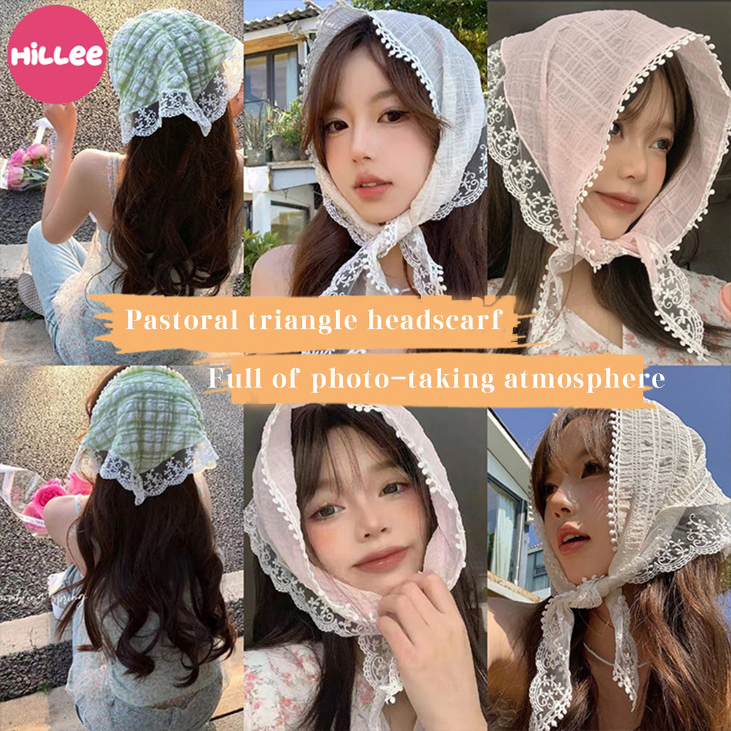 ผ้าคลุมผมลายลูกไม้ ผ้าโพกผมระบายลูกไม้ ทรงสามเหลี่ยม ผ้าคลุมผม ลายดอกไม้ น่ารักหวาน y2kสไตล์เกาหลี แฟชั่นสําหรับผู้หญิ