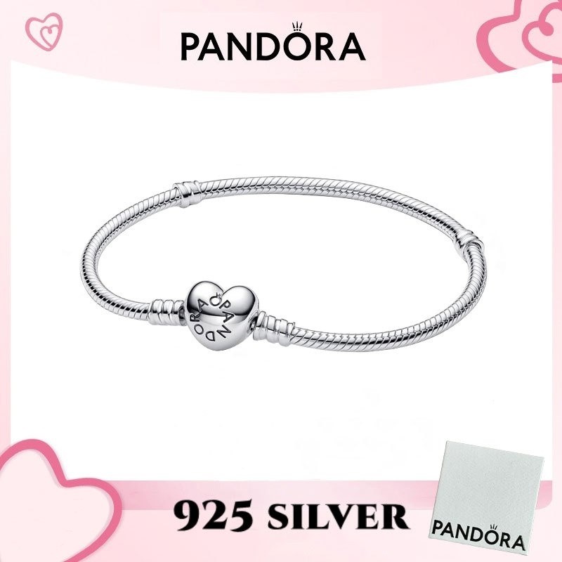 สร้อยข้อมือและจี้เงินสเตอร์ลิงแท้ 100% จาก PANDORA สร้อยข้อมือหัวใจและโซ่งูจาก Pandora Moments