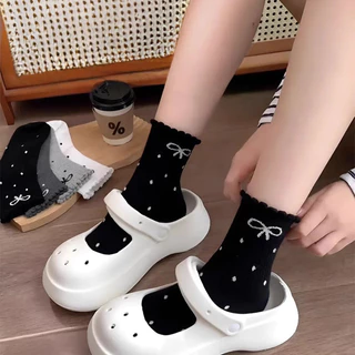 Polka Dot Bow ถุงเท้าผู้หญิงฤดูใบไม้ร่วงฤดูหนาวสไตล์ใหม่ญี่ปุ่น Influencer Sweat-