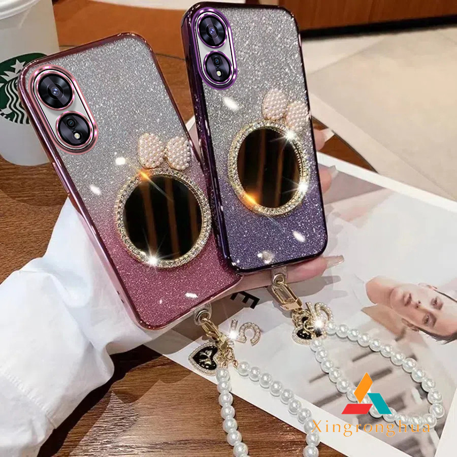 ปลอกoppo A60 A38 A18 A58 A78 5G A98 5G A17 A17K A16K A16 A15S A15 กรณีเครื่องสําอางหรูหราแต่งหน้ากระจกนุ่มพร้อมเชือกเส้นเล็กฝาครอบโทรศัพท์