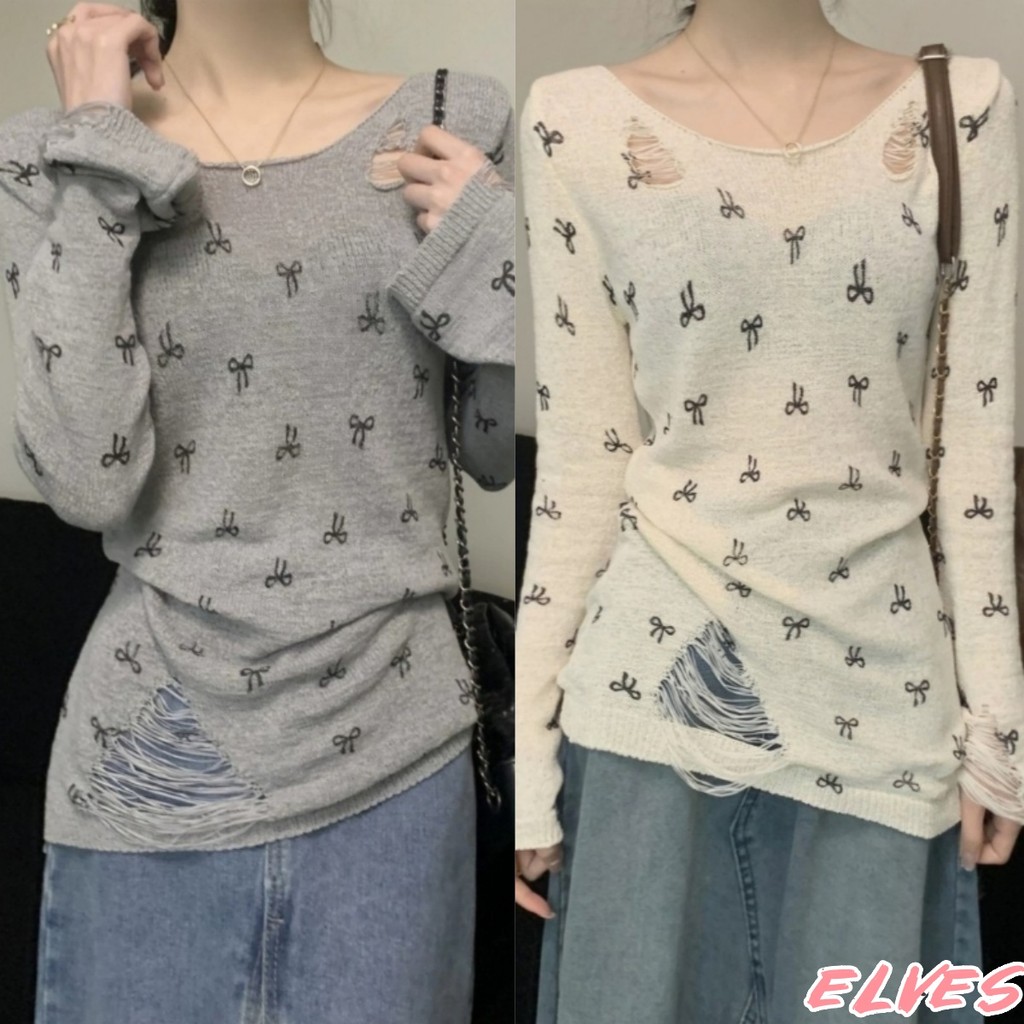 Elves พร้อม💟เสื้อไหมพรมแขนยาว คอกลม ดีเทลซีทรู ลายโบว์ น่ารักมาก เสื้อแขนยาว"Y6526"