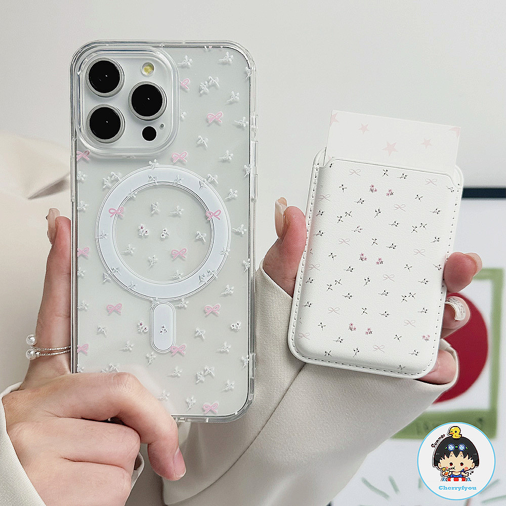 Insดอกไม้สีชมพูbowknotแม่เหล็กผู้ถือบัตรเคสโทรศัพท์สําหรับiphone 16 15 14 13 12 11 Pro Max X XR 8 7 Plus Anti-SkidกันกระแทกSoft TPUปกหลัง