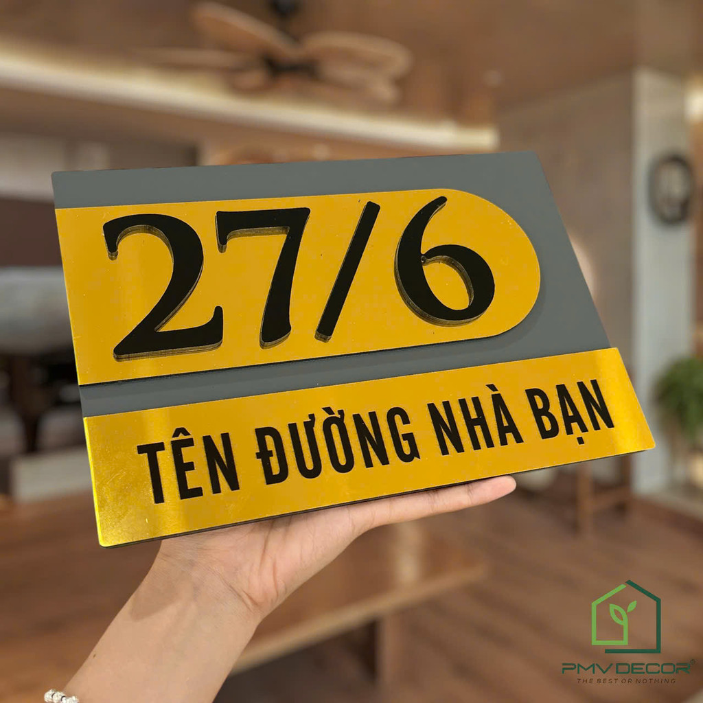 IMPRESSIVE DECOR HOUSE NUMBER PLATE รุ่นวัสดุ Alu Gold Mirror + สีเทา - ตัวเลขนูน + เนื้อหาพิมพ์ UV 
