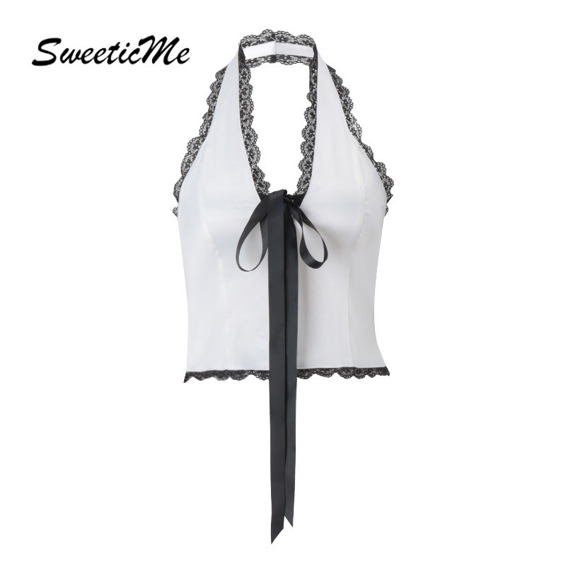 Sweeticme ผู้หญิง 2024 ใหม่แฟชั่นขอบลูกไม้ Slim Fit เซ็กซี่ Bow Halter เสื้อกล้าม Camisole