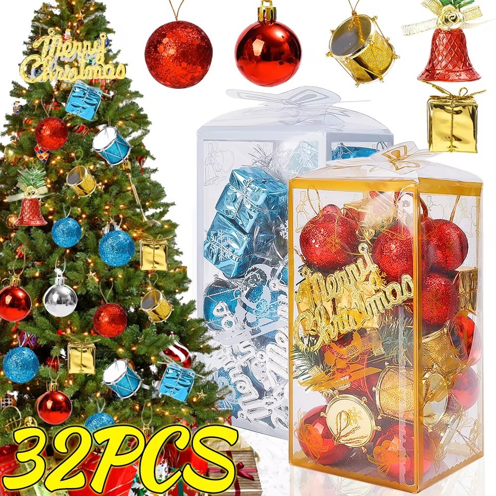 32 ชิ้น/กล่องต้นคริสต์มาสแขวนจี้-มินิของขวัญกล่องเครื่องประดับ-Electroplating Ball จี้-Glitter Christmas Ball จี้-ปีใหม่บรรยากาศตกแต่ง-เทศกาล Party Supplies