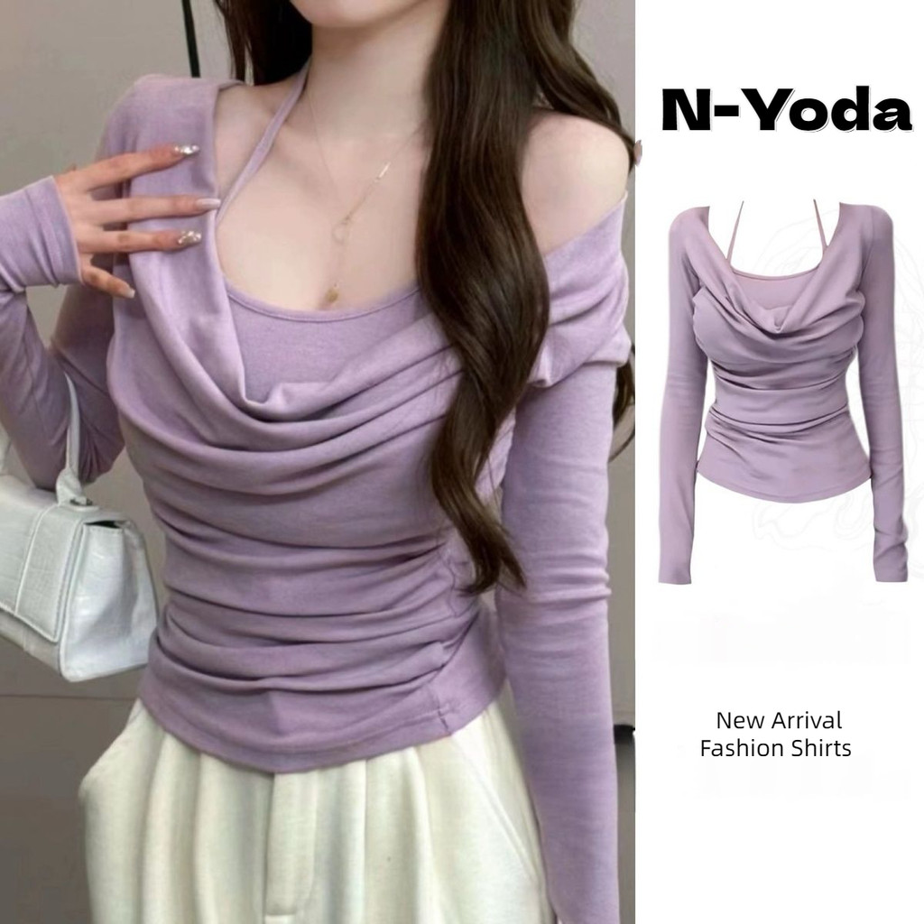 N-Yoda เวอร์ชั่นเกาหลีแฟชั่นใหม่ไหล่เดียวด้านบนสีม่วงbottomingเสื้อแขนยาวt