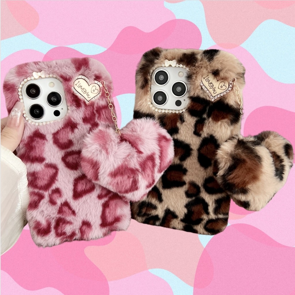 สําหรับiphone 16 15 14 13 12 11 Pro Max XS XR 8 7 Plus Furryเสือดาวเคสโทรศัพท์ + Plush Love Heart Ballจี้โลหะ + เพชรRhinestoneกรอบผู้หญิง
