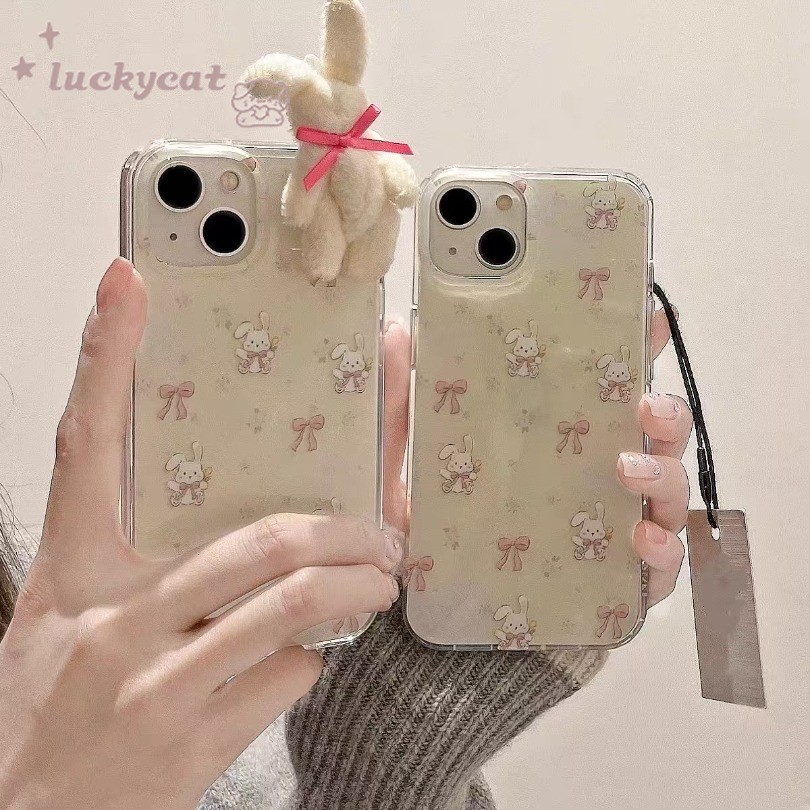 Iphone 16 15 14 13 12 11 Pro Max X Xr Xs Max 7 8 Plus SE2020 เคสโทรศัพท์ 3D DIY น่ารักสีชมพูโบว์กระต่ายใสนุ่มปกหลัง