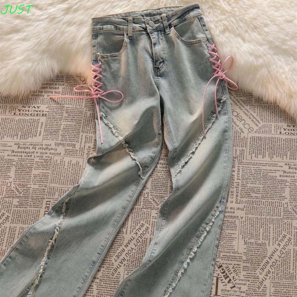 Just ผู้หญิง กางเกงขากระดิ่ง, ไม่สม่ําเสมอขากว้าง Y2k Bow Denim กางเกงยีนส์, หญิงเสื้อผ้า Ins สไตล์ Streetwear แยกส้อม Denim กางเกง Party