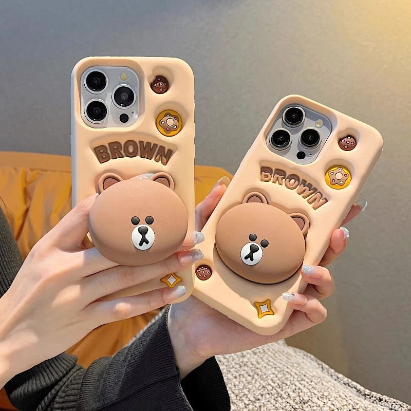 3D กันกระแทก สําหรับ Samsung Galaxy S24 S23 Ultra S23FE S21FE A55 A54 A35 A25 A15 4G A53 A52S A52 5G เคสมือถือ Soft TPU Case เคสป้องกัน Cute Cartoon Brown Bear Cover เคสกันกระแทก เคสซิลิโคน เคสป้องกันสามมิติ มีวงเล็บ