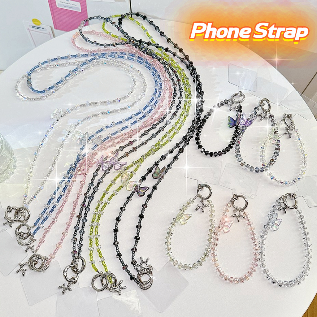 สายคล้องโทรศัพท์ หรูหรา ส่องแสง ของผู้หญิง ผีเสื้อตกแต่งลูกปัดโซ่มือถือที่มีบัตรใสกระเป๋าเป้สะพายหลังจี้เชือกเส้นเล็กยาวสําหรับหูฟังบลูทูธกรณีโทรศัพท์ปกพวงกุ
