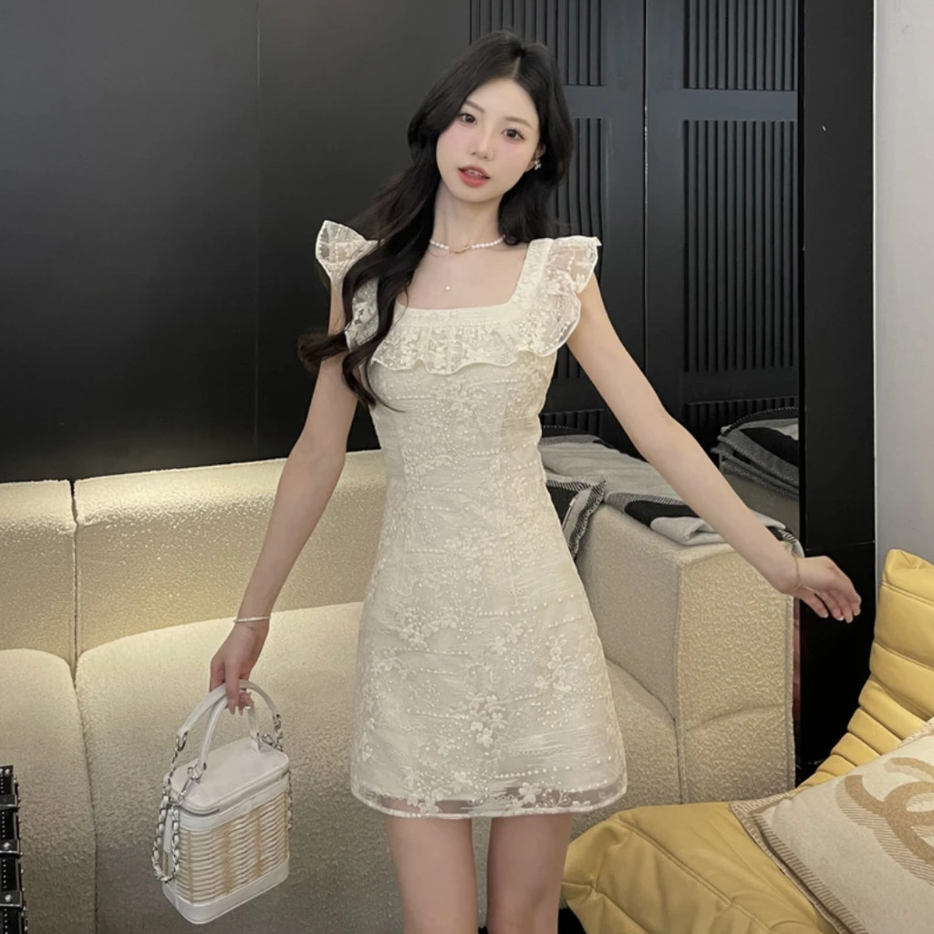 Simple อเนกประสงค์สไตล์ใหม่ลูกไม้ฝรั่งเศสHeavy Industry Ruffled Classyแคบ-เอวSlim @-