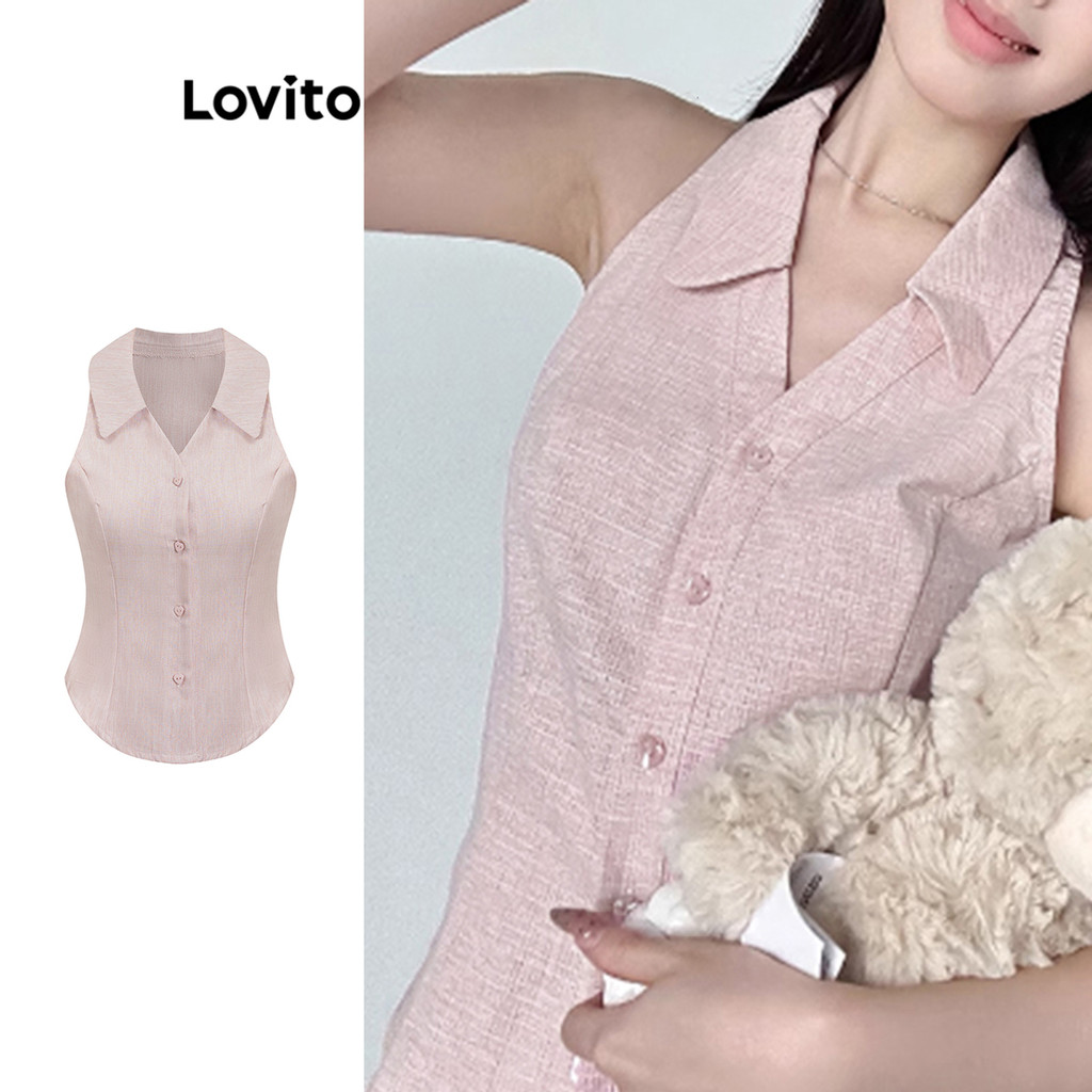 Lovito เสื้อกล้ามจีบกระดุมธรรมดาแบบสบาย ๆ สำหรับผู้หญิง L104ED741