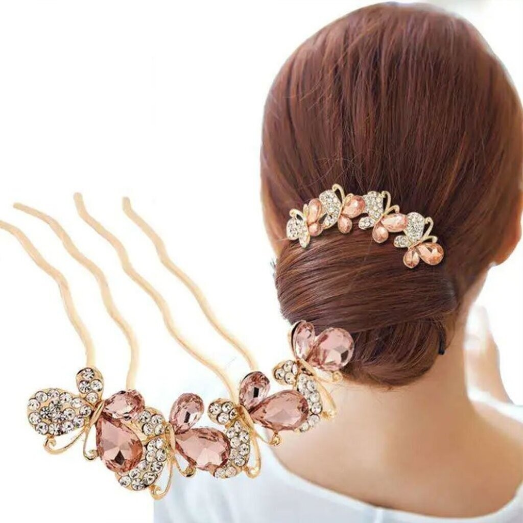 หวีเสียบ/ปิ่นปักผม *รุ่นขาหยัก 4 ขา* โลหะสีทอง ลายคริสตัลผีเสื้อ สีส้ม แซมเพชร