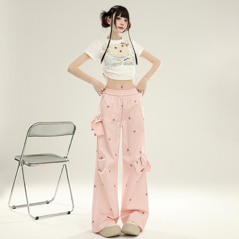 กางเกงขาทรงกระบอก ผ้าไม่ยืด B45 พิมพ์ลายน้องแมว กางเกงแต่งโบว์ มีกระเป๋าข้าง - รูปที่ 3