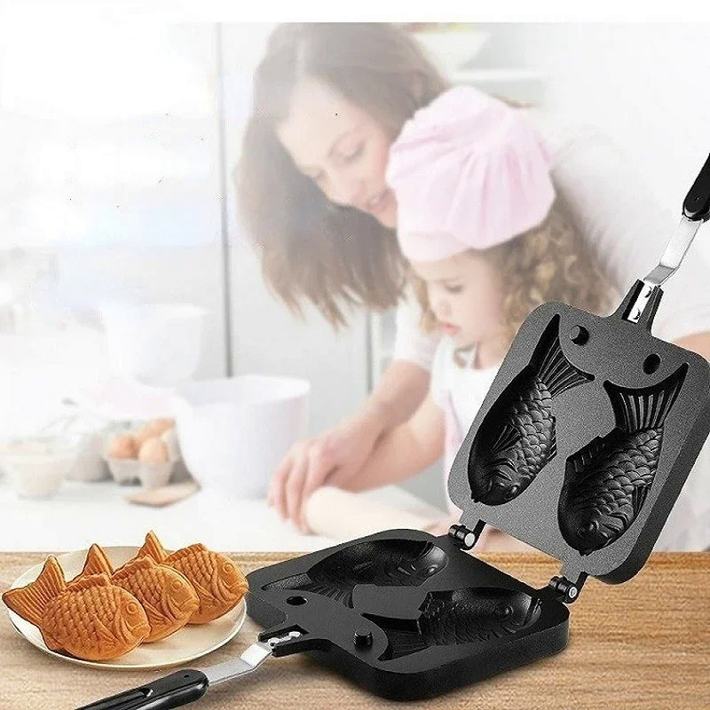 Kitchen Japanese Taiyaki Double Fish Shaped Hot Dessert Waffle Cake Maker Pan Japanese Pancake Doubl