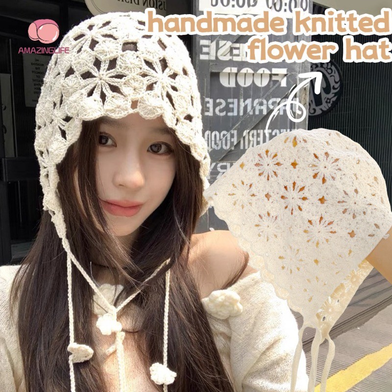 แฟชั่นหวานโครเชต์หมวกดอกไม้กลวง-หรูหราผู้หญิงน่ารักแฮนด์เมดพู่หมวกถักอบอุ่น